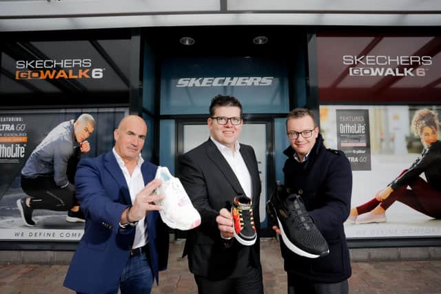 L-R: Paul Gallagher, managing director of Skechers Ireland, Chris Flynn, centre director of The Junction and Craig Stewart, senior asset manager of Lotus Property.
Picture: Philip Magowan/PressEye