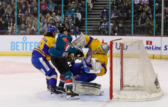 Belfast Giants’ Ciaran Long with Fife Flyers’ Shane Owen last Sunday