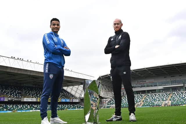 Coleraine's Aaron Traynor and Chris Shields of Linfield pose with the Unite the Union Champions’ Cup