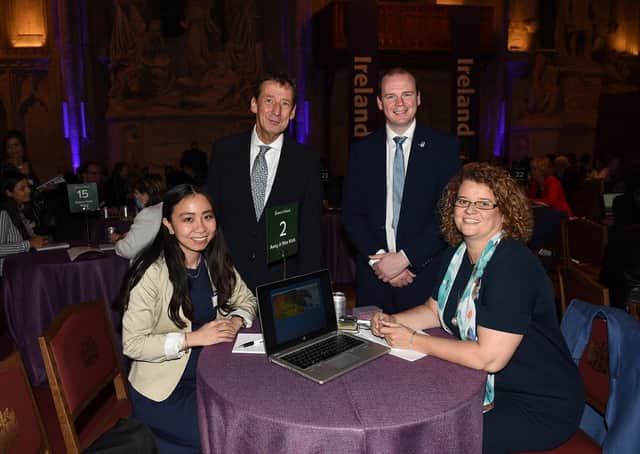 Shirley Sin, G2 Travel; Shane Clarke, Tourism Ireland; Tourism Minister Gordon Lyons; and Eimear Flanagan, Away a Wee Walk, at Flavours of Ireland 2021 in London