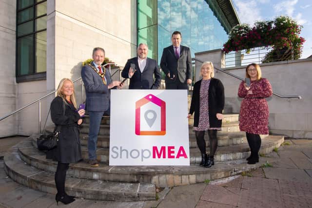 Included at the launch of ShopMEA are Gerard Murray and Neil Richardson, Department for Communities with the Mayor Councillor William McCaughey.