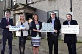 From (l-r): Kieran Moylan, Principal Officer of the Libraries Development and Community Policy Unit, Department of Rural and Community Development Ireland; Gina McIntyre, CEO The Special EU Programmes Body; Jayne Taggart, CEO, Enterprise Causeway; Andrew Molloy, Hamilton Architects; and Mark O'Donnell, Deputy Secretary for Housing, Urban Regeneration and Local Government, Department for Communities