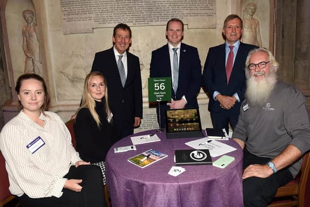 Florence Imrie and Kate Hale, both Kayak; Shane Clarke, Tourism Ireland; Tourism Minister Gordon Lyons; Christopher Brooke, Vice-Chairman of Tourism Ireland; and Flip Robinson, Giant Tours Ireland, at Flavours of Ireland 2021 in London