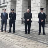 David Hilditch MLA (centre) with party colleagues Jonathan Buckley and Pam Cameron and Jim Quinn and Phil Millar from the Fire Brigades Union,