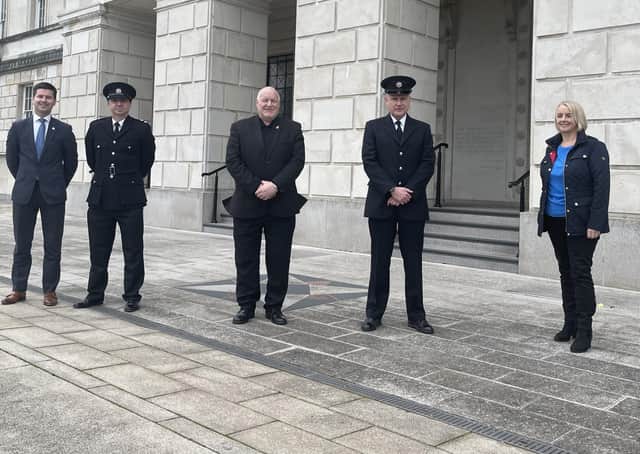 David Hilditch MLA (centre) with party colleagues Jonathan Buckley and Pam Cameron and Jim Quinn and Phil Millar from the Fire Brigades Union,