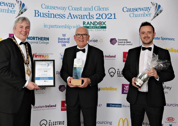 The Mayor of Causeway Coast and Glens Borough Council Councillor Richard Holmes pictured with James Smyth of Smyth Steel, the recipient of the Lifetime Achievement Award at Causeway Coast and Glens Business Awards, along with Mark Boyd from Smyth Steel