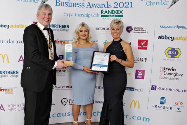 The Mayor of Causeway Coast and Glens Borough Council Councillor Richard Holmes pictured with Jayne Gilmore and Barbara Allison from Stable Lane Boutique, winner of Retailer of the Year