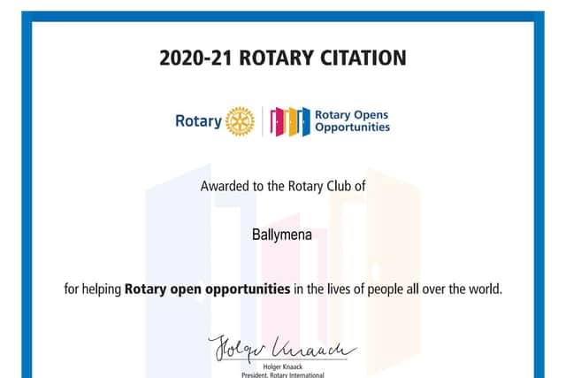 Rotary Club of Ballymena has been awarded the Rotary Citation for 2020-21. The Citation is the highest international award a Rotary Club can achieve.