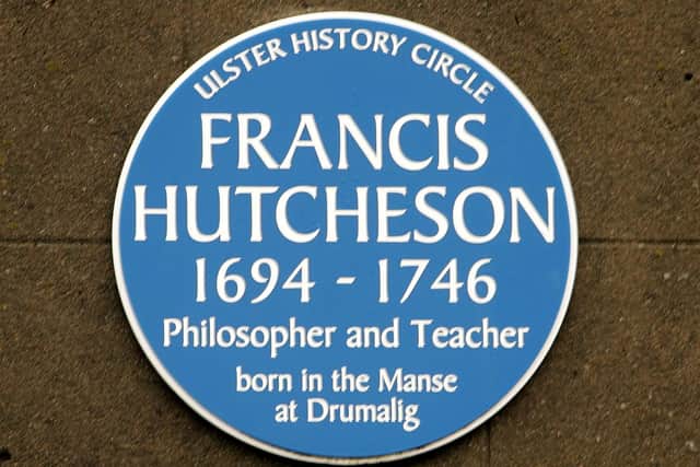 The plaque commemorating Francis Hutcheson (1694-1746) philosopher and teacher on First Saintfield Presbyterian Church, at the corner of Comber Street and the Main Street, Saintfield