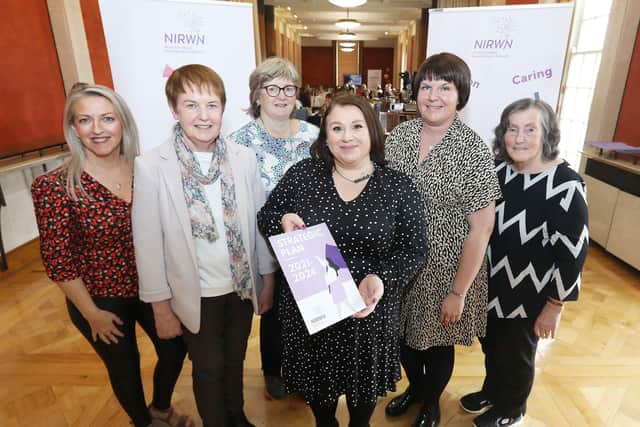 Members of the SELFIE Group: Catriona Corrigan (Coalisand); Maura Colgan (Cookstown); Elaine Ferguson (Aughnacloy); Rhonda Davison (Cookstown); Elaine Marshall (Moneymore) with Louise Coyle (centre), Director of NIRWN, who launched a new four-year Strategic Plan at Stormont. NIRWN is calling on the Stormont Executive to increase funding for rural women.