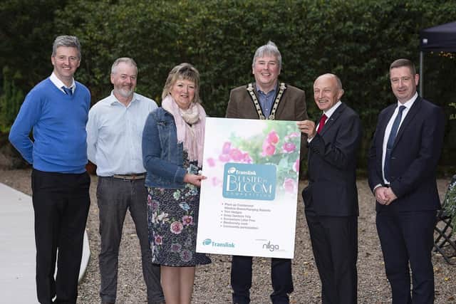 Pictured left - right at the Translink Ulster in Bloom awards presentation are Noel Davoren and Stephen Procter, (Causeway Coast and Glens Borough Council), Councillor Frances Burton (NILGA), the Mayor of Causeway Coast and Glens Borough Council, Councillor Richard Holmes, Dr Michael Wardlow (Translink Chairman) and Declan McGinley (Translink). Coleraine came 3rd in the Larger Town/Small City category