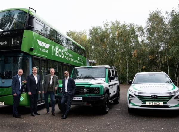 L-R: Wouter Bleukx, INOVYN Hydrogen Business Manager, Jo Bamford, Wrightbus and Ryze Hydrogen Executive Chairman, Geir Tuft, CEO INOVYN, and Buta Atwal, Ryze and Wrightbus CEO.