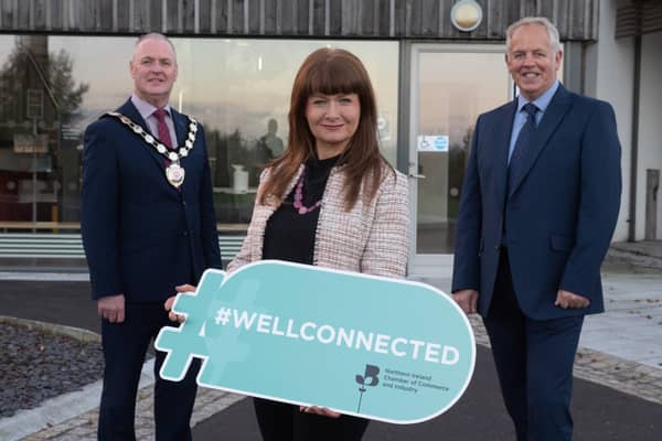 Councillor Paul McLean, chair, Mid Ulster District Council ,Valerie McConville, head of business development, NI Chamber and Ian Hunter, commercial manager, NIE Networks