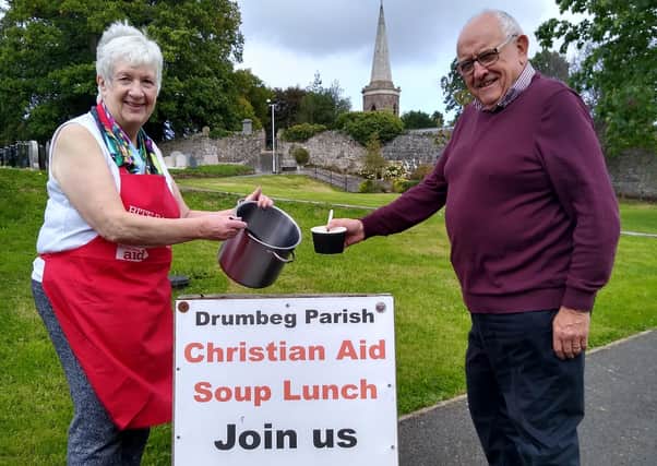 Organiser Rosemary Bunting serves soup lunch ‘regular’ Hugh Crookshanks on the day the Drumbeg parish soup lunch resumed after the pandemic pause
