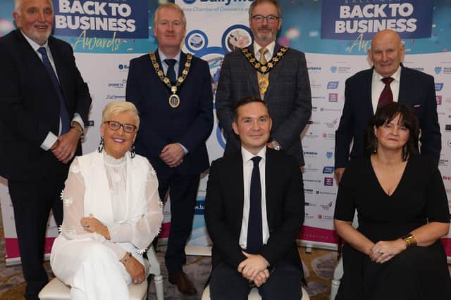 Tom Wiggins, Chamber’s Business Development Manager, Mrs Adrienne Wiggins, Ballymena Chamber of Commerce and Industry President Cllr Eugene Reid, BBC NI’s John Campbell, Mid and East Antrim Mayor Cllr. William McGaughey, Alderman Robin Cherry MBE, Mrs Michelle Reid.