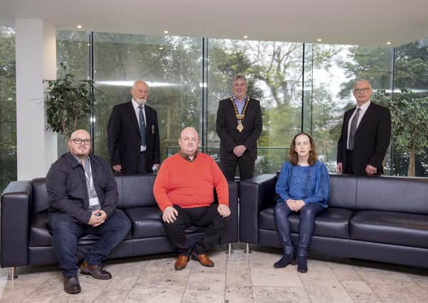 Pictured left-right (back row) are Richard Briggs, Head Coach of Coleraine Judo Club and President of the Northern Ireland Judo Federation, the Mayor of Causeway Coast and Glens Borough Council Councillor Richard Holmes, and Paul Loan who takes the judo sessions for the visually impaired players, (front row) Jonathan Adams of the RNIB and judo players Richard Millar and Stephanie Stewart.