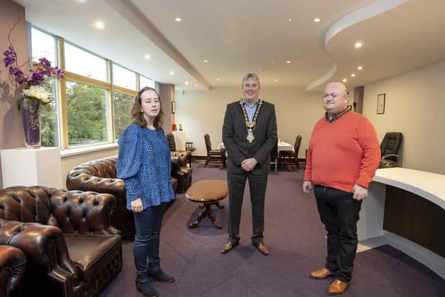 The Mayor of Causeway Coast and Glens Borough Council Councillor Richard Holmes welcomes Stephanie Stewart and Richard Millar to the Mayor’s Parlour in Cloonavin