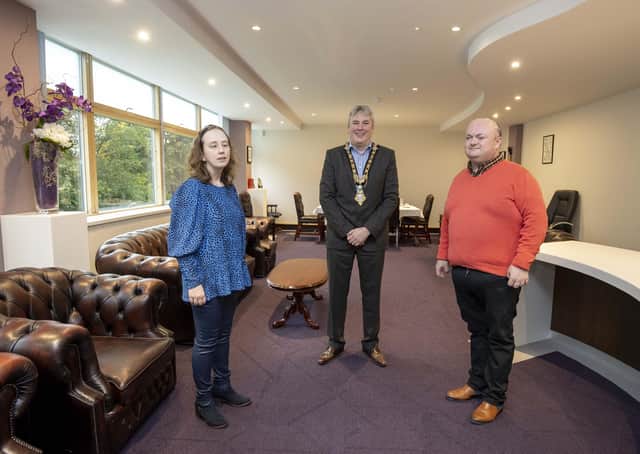The Mayor of Causeway Coast and Glens Borough Council Councillor Richard Holmes welcomes Stephanie Stewart and Richard Millar to the Mayor’s Parlour in Cloonavin