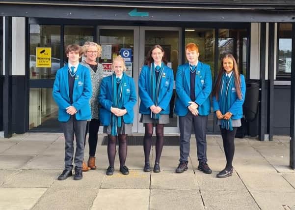 Pictured with Principal, of North Coast Integrated College Mrs Passmore are newly appointed  (L-R)  Head Boy, Peter Hynds, Deputy Head Girl, Chloe McGrath, Head Girl, Megan Alexander, Deputy Head Boy, Lewis Sinclair, Deputy Head Girl, Hannah Gurney