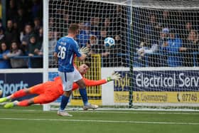 Matthew Shevlin fires home his second goal against Warrenpoint Town. Picture: Desmond Loughrey/Pacemaker