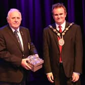 Brian Sloan Chairman of the Lisburn Branch Royal British Legion receiving a clock to commemorate 100 years of the Royal British Legion from Alderman Stephen Martin Mayor of Lisburn & Castlereagh City Council. Pic by Norman Briggs, rnbphotographyni