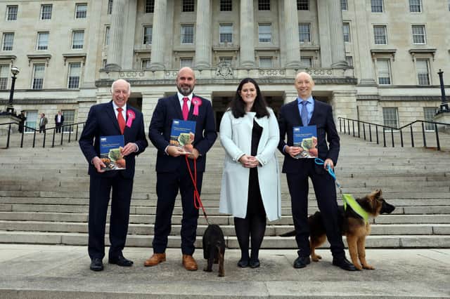Pictured at the launch of the report is MLA Robin Newton, Dr Marc Abraham OBE, MLA Claire Sugden, and USPCA Chief Executive, Brendan Mullan