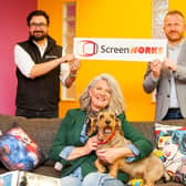 Susan is pictured at Into Film’s new Belfast offices with her sausage dog Ripley, ScreenWorks Delivery Co-ordinator Sean Boyle and David McConnell, Northern Ireland Screen’s Education and Careers Manager