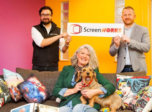 Susan is pictured at Into Film’s new Belfast offices with her sausage dog Ripley, ScreenWorks Delivery Co-ordinator Sean Boyle and David McConnell, Northern Ireland Screen’s Education and Careers Manager