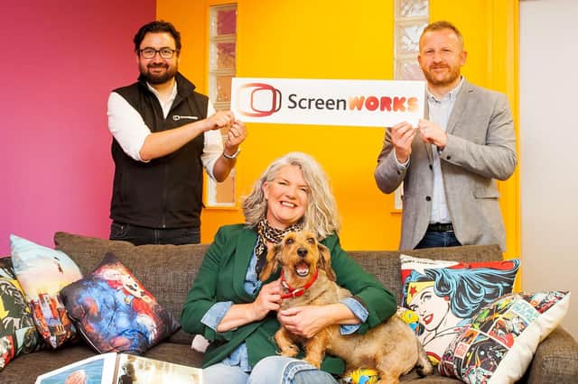 Susan is pictured at Into Film’s new Belfast offices with her sausage dog Ripley, ScreenWorks Delivery Co-ordinator Sean Boyle and David McConnell, Northern Ireland Screen’s Education and Careers Manager