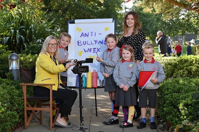 (l) Charlene Brooks, chair, Northern Ireland Anti-Bullying Forum (NIABF) and (r) Aoife Nic Colaim, Anti-Bullying Co-ordinator, Northern Ireland Anti-Bullying Forum (NIABF) are pictured with (l-r) Eddie Hancock, Phalynn Crossley, Penny Walker and Quinn McKinley from Moira Primary School.