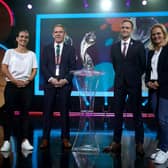 Austria head coach Irene Fuhrmann, Northern Ireland head coach Kenny Shiels, Norway head coach Martin Sjogren and England head coach Sarina Wiegman during the UEFA Women’s Euro 2022 draw at O2 Victoria Warehouse, Manchester