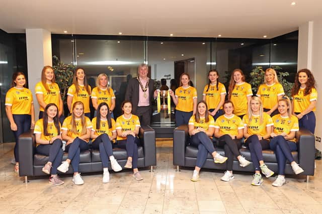 Pictured with the Mayor of Causeway Coast and Glens Borough Council, Councillor Richard Holmes, at a reception in Cloonavin are members of the successful Intermediate Antrim Camogie team