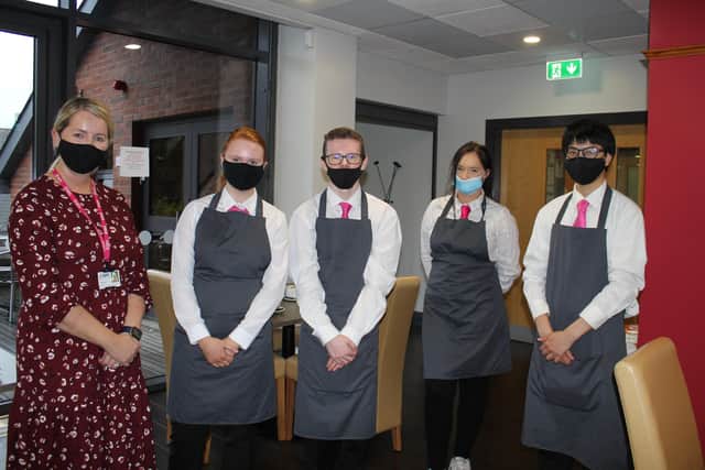 Students, Rebecca Carlisle (Hillsborough), Ethan Hopkins (Crumlin), Ellie Drake (Moria) and Jameson Cheuk (Moria) from the Level 2 diploma in Professional Food and Beverage Service supported the fundraiser coffee morning.