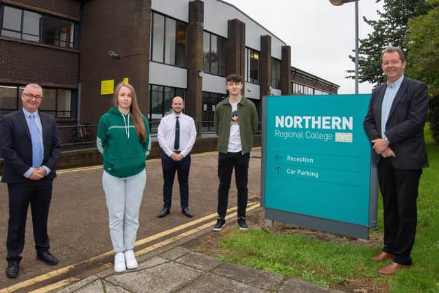 Pictured from left: Andrew McGivern, Translink Track Engineering Manager; Kimberly Garland, Translink Rail Track Apprentice; Daryl Irwin, Managing Director at OTT; Ben Mark, OTT Rail Track Apprentice; and Christine Brown Vice Principal Teaching and Learning at Northern Regional College.