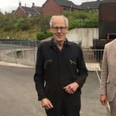 Peter Scott (left) meeting TV presenter Michael Portillo during his visit to Whitehead Railway Museum last month.  Photo by John McKegney
