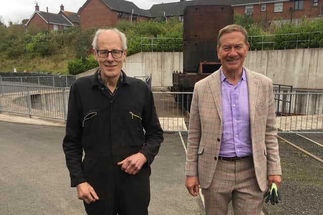 Peter Scott (left) meeting TV presenter Michael Portillo during his visit to Whitehead Railway Museum last month.  Photo by John McKegney