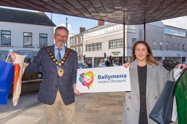 Mayor of Mid and East Antrim, Councillor William McCaughey, pictured with Ballymena BID Manager, Emma McCrea.