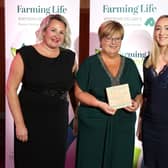 Gillian Reid was named as the Woman of Excellence in  Agriculture. Making the presentation are Andrena  O'Prey, Farming Life, and Gillian Hodge. Picture: Steven McAuley