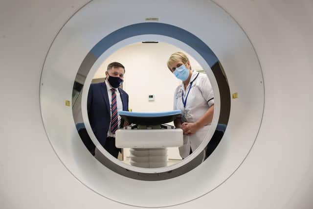 Minister Swann is pictured with Jayne Hutchinson, Trust Lead, CT at the new CT Scanner during a tour of the Acute Services Block. 
Photo by William Cherry/Presseye