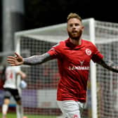 Lee Lynch enjoying the moment after his match-winning goal for Larne over Crusaders. Pic by PressEye Ltd.