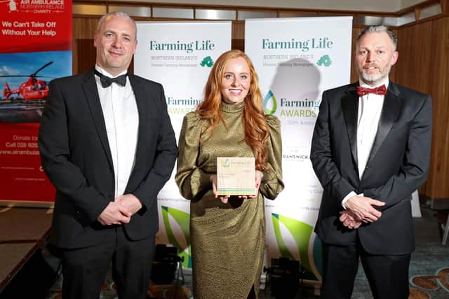 Ballyboley Dexters picked up the award for Artisan Producer of the Year. Making the presentation are Gareth Mellon from Farming Life, and Martin Walsh, site financial controller, Cranswick Country Foods. Picture: Steven McAuley