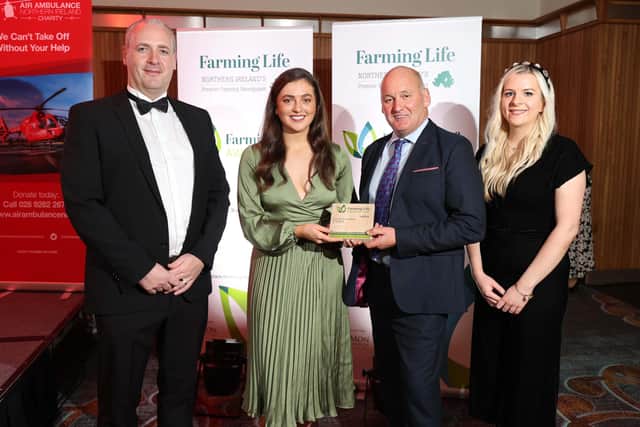 Milbank Farm were the winners of the Farm Diversification of the Year award. Making the presentation are Joe Diver, brand and marketing manager Fibrus Network, and Gareth Mellon, Farming Life. Picture: Steven McAuley.