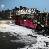 A bus was destroyed after it was hijacked and set on fire in Newtownabbey. 
Photo by Kelvin Boyes // Press Eye