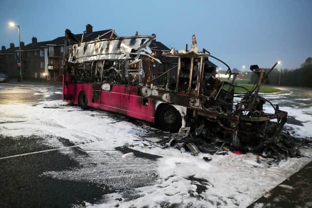 A bus was destroyed after it was hijacked and set on fire in Newtownabbey. 
Photo by Kelvin Boyes // Press Eye