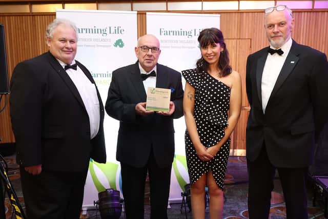 Liam McCarthy of ABP receiving the Farm Safety Affiliate Award from Harry Sinclair, HSENI, and Joanne Knox, Farming Life. Picture: Steven McAuley
