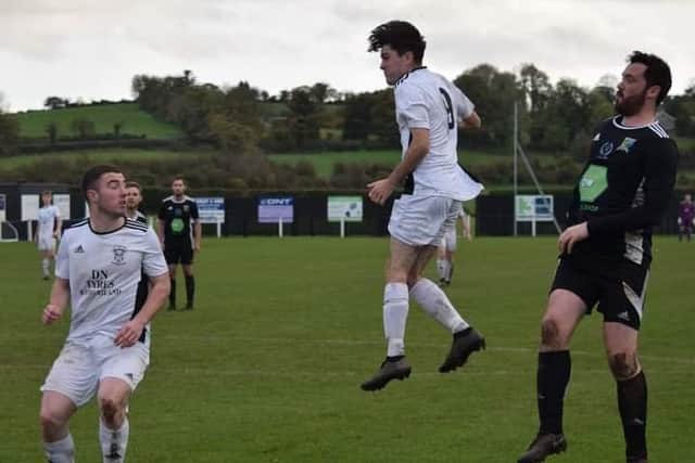 Rathfriland Rangers' Reserves made easy work negotiating their way through the third round of the Mid Ulster shield at a gusty Iveagh Park last Saturday with a 6-1 victory of Glenavy Rangers Reserves. Rathfriland's Jamie Fitzpatrick claims a header