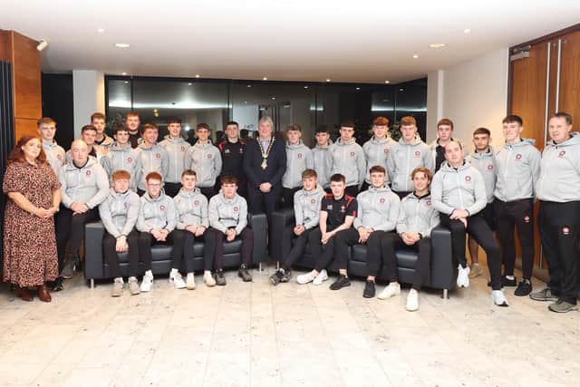 The All-Ireland winning Derry Minor Football team pictured at Cloonavin with the Mayor of Causeway Coast and Glens Borough Council Councillor Richard Holmes. Also included is Councillor Ashleen Schenning