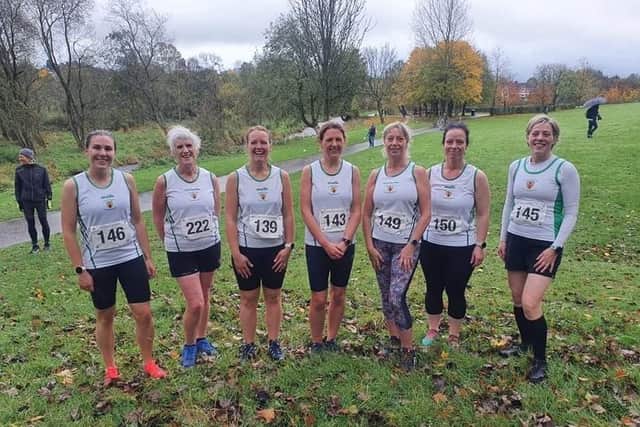 County Antrim Harrier ladies ready to toe the line at the McConnell Shield cross-county race.