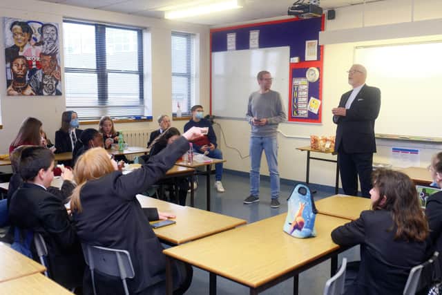 Dr Bruce with Stephen Dodds, youth worker with Glengormley Baptist Church at Glengormley High’s Scripture Union Club.