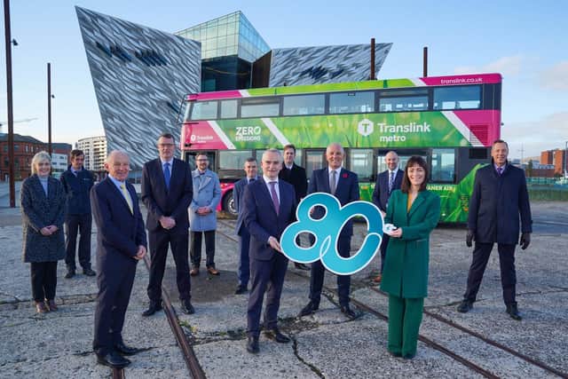 Infrastructure Minister Nichola Mallon has unveiled the first of 80 electric double decker buses due to be in passenger service in spring 2022.